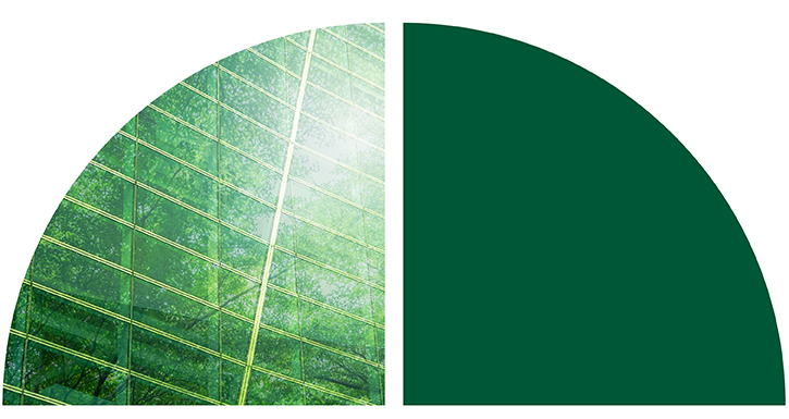 Two adjacent semi-circles: the left one has a greenish hue with a tree-reflection pattern resembling glass, and the right one is solid dark green. Two adjacent semi-circles: the left one has a greenish hue with a tree-reflection pattern resembling glass, and the right one is solid dark green.
