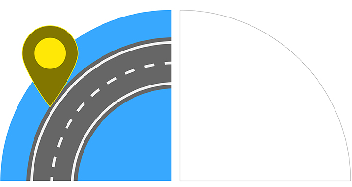 Stylized graphic of a curved gray road with white dashed lines on a blue background, featuring a red location pin.