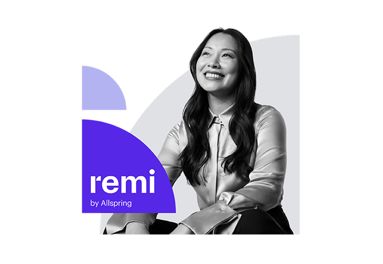 Black and white image of a person with long hair, wearing a button-up shirt, purple geometric shape with ‘remi by Allspring’ text in corner.
