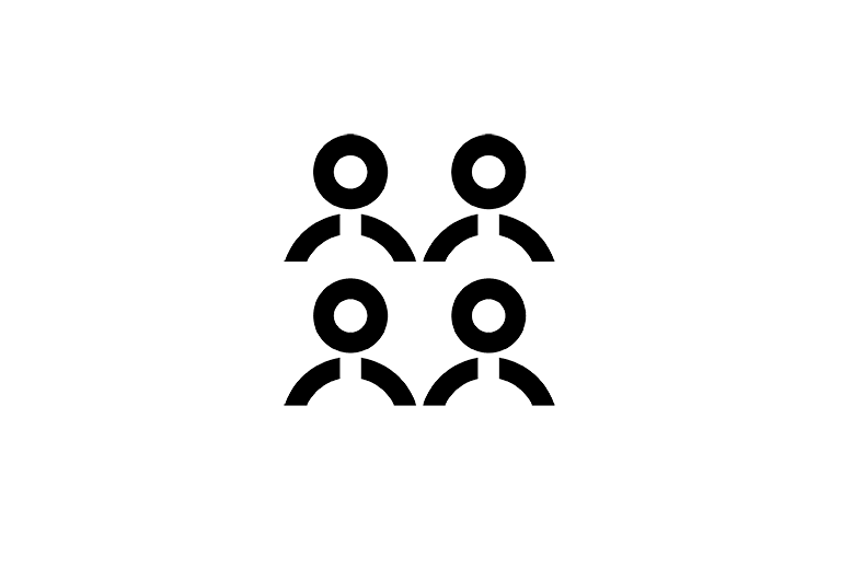 Four black stylized human icons in a 2x2 grid on a blue background.