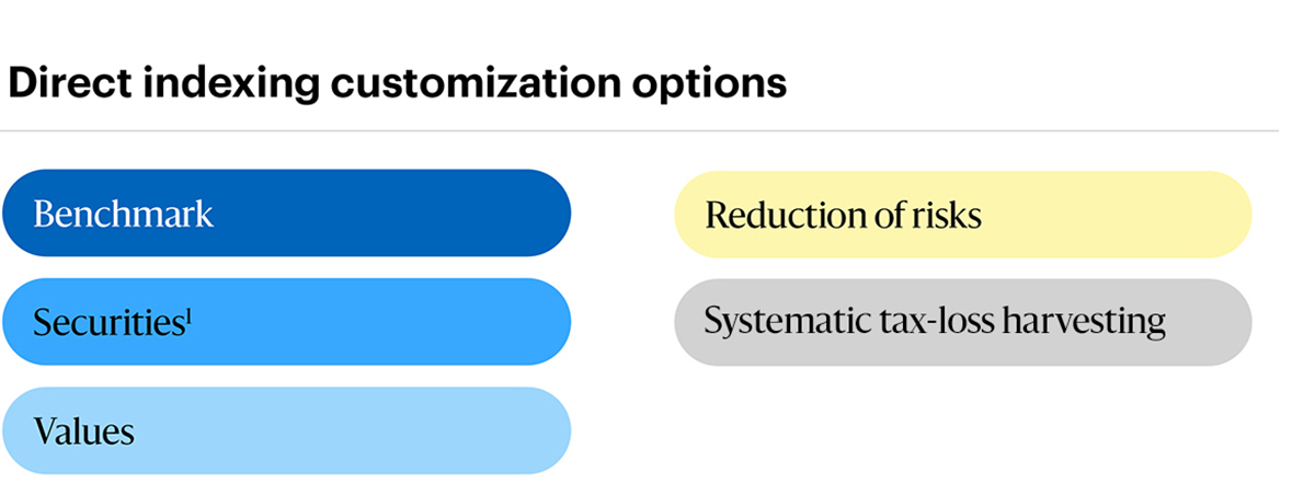 Direct indexing customization options: Benchmark, Reduction of risks, Securities, Tax-loss harvesting, Values